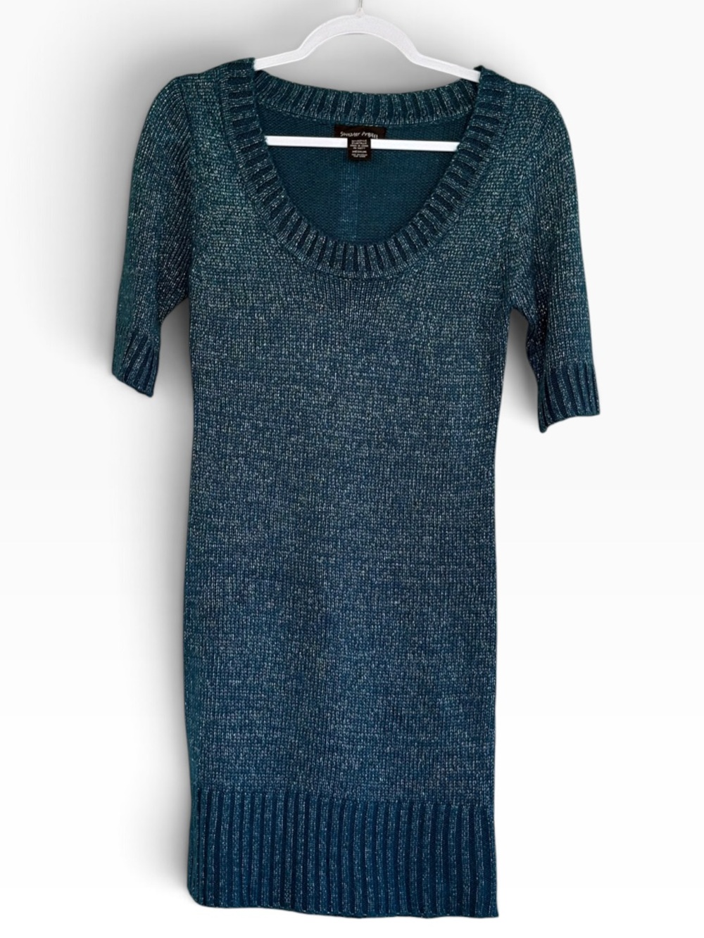 Sweater Project Teal Knit V-Neck Short Sleeve Sweater Dress Size M